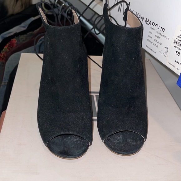 Neiman Marcus Ellen Black Suede Open-toe Booties - Picture 2 of 4